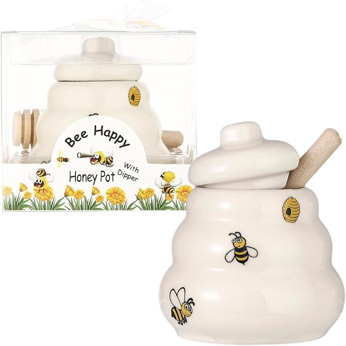 12 Sets Ceramic Bee-Happy Honey Pot with Dipper，Honey Jar Serving Set with Exquisiting Package for Wedding Favor,Bridal Shower Favor, Baby Shower Favor，Party Favor (12)
