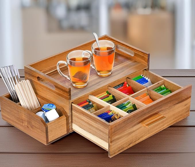 Acacia Wood Tea Bag Organizer, Wooden Tea Bag Storage Box Holder with Drawer for Kitchen Office Tea Bar Countertop