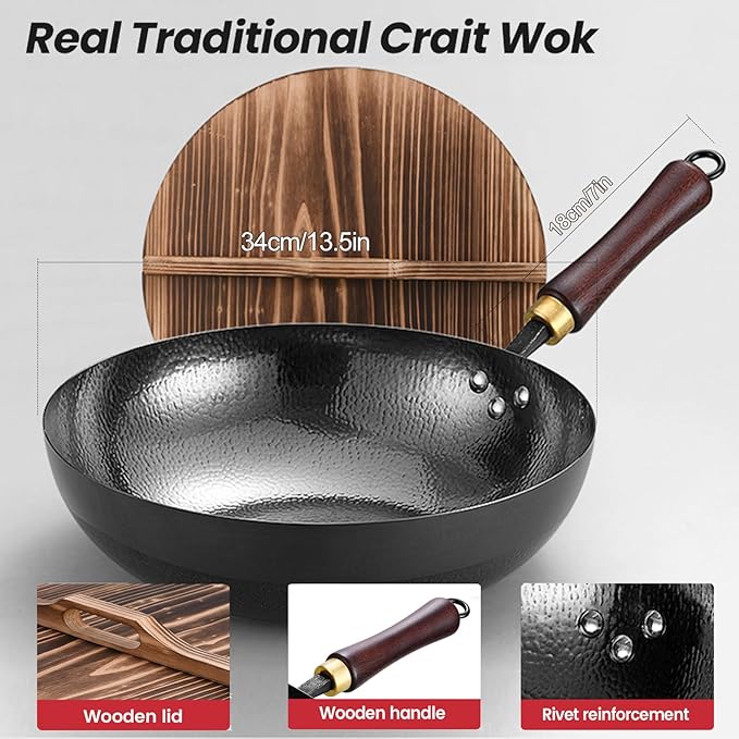 Carbon Steel Pan, 13.5″ Woks & Stir-Fry Pans with Wooden Lid Cookwares, Nonstick Wok, No Chemical Coated Flat Bottom Hand Hammered Chinese Wok For Gas