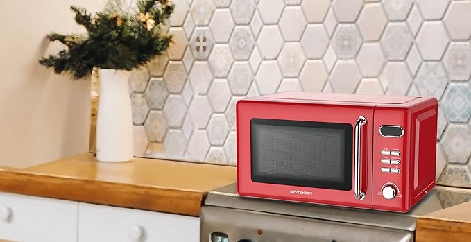 Emerson MWR7020RD Compact Countertop Microwave Oven with Button Control, LED Display, 700W 5 Power Levels, 8 Auto Menus, Glass Turntable and Child Safe Lock, 0.7, Retro Red