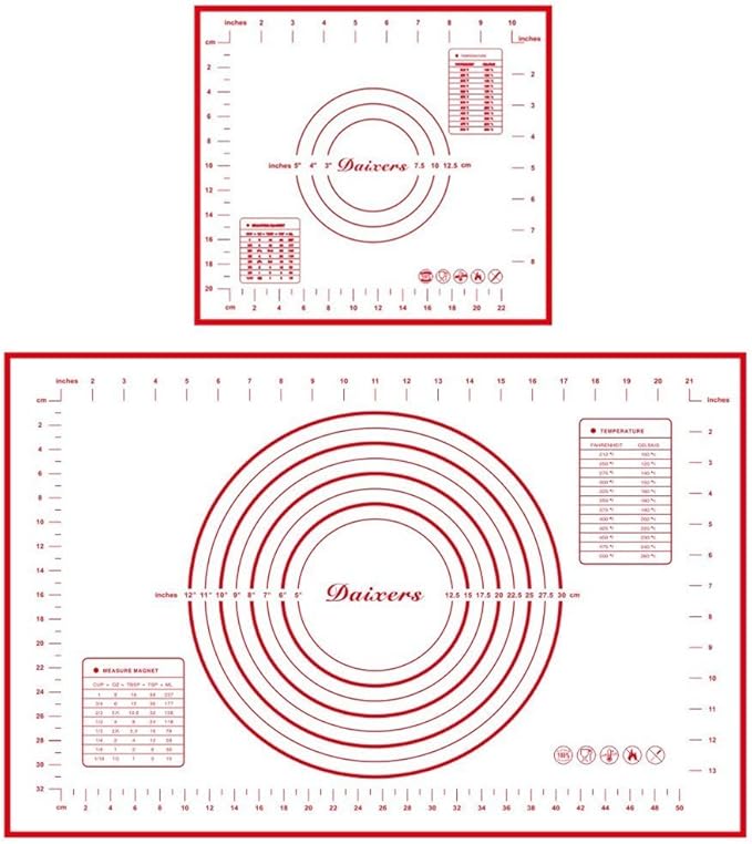 Silicone Baking Mats Set of 2,Large 23.62" x 15.74" Small 11.41" x 10.23",Non Stick Non Skid Pastry-Mat with Measurements (Red)