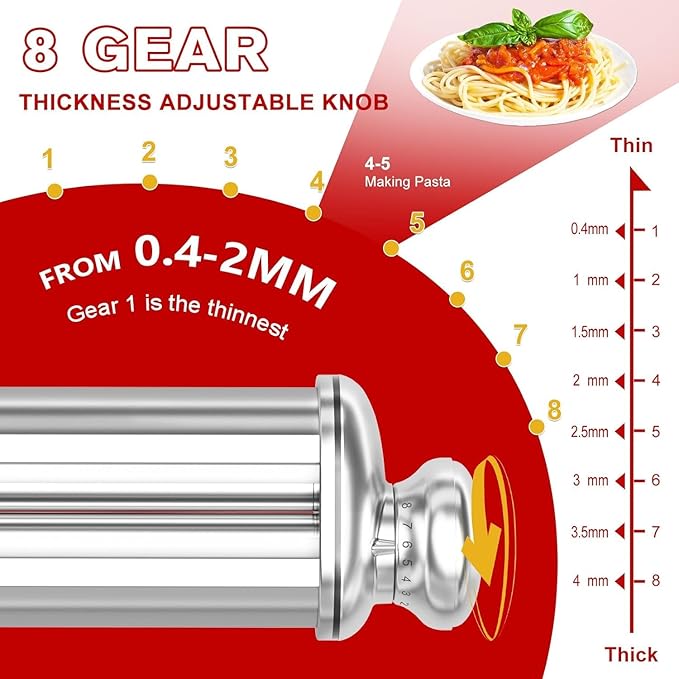 Pasta Maker Attachment for Kitchenaid Stand Mixer Included Pasta Sheet Roller, Spaghetti Cutter and Fettuccine Cutter, Pasta Maker Stainless Steel Accessories with 8-Speed Adjustable, 3 Piece