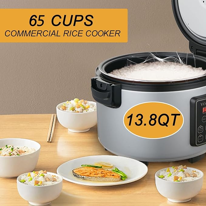 Commercial Large Rice Cooker & food warmer | 13.8QT/65 Cups cooked rice | 1350W Multi-function electric sushi rice cooker | LED Display | Timer Setting | Smart preset from 30 min-24 Hrs