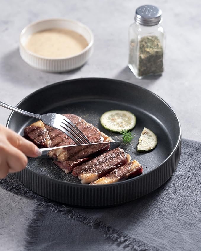 famiware Star 8.25" Pasta Bowls, Large Dinner Bowls Set of 4, Salad Bowl Plates, Shallow Bowls for Eating, Matte Dark Charcoal (Full Glaze)