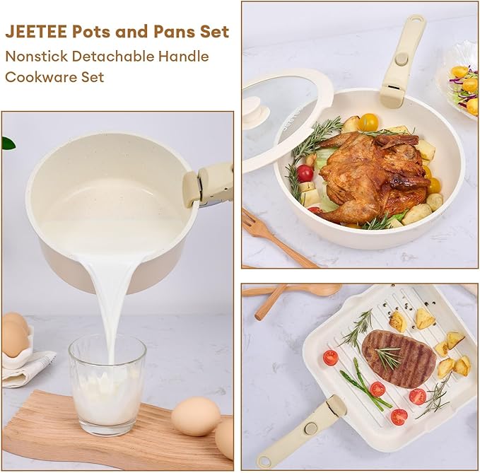 JEETEE Pots and Pan Set Non Stick 25pcs, Cookware Set with Removable Handle, Induction Kitchen Cooking Sets with Detachable Handle, RV Camping Stackable Pots Pans, Oven Safe, PFOA Free, Beige
