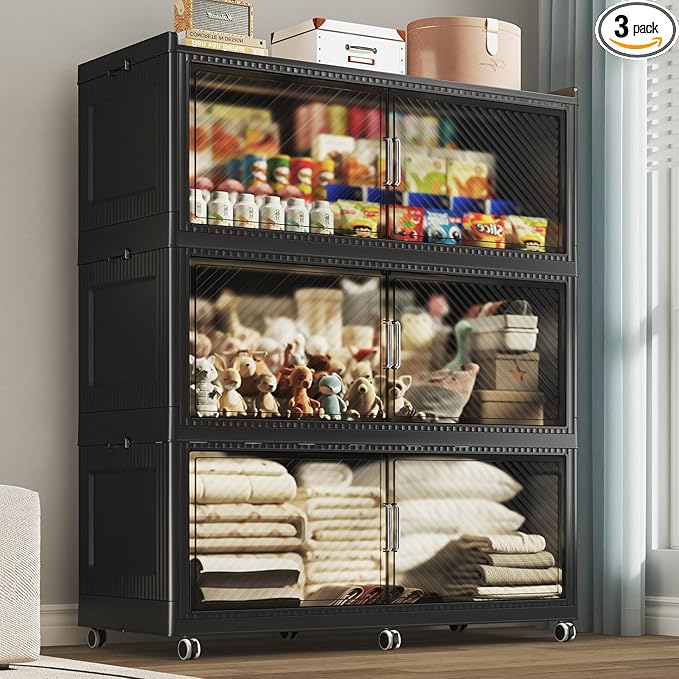 150GAL Extra Large Storage Bins with Lid, 600QT Plastic Stackable Storage Bins with 6x Wheels, Collapsible Closet Organizer and Storage Drawer Cabinet for Living Room Office Dorm, 3Pack Black