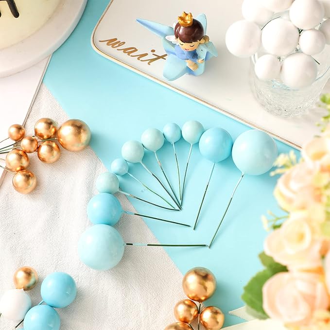 108 Pcs Balls Cake Topper DIY Cupcake Insert Foam Balloons for Cake Baking Wedding Anniversary Birthday Decoration(Blue, White, Gold,Multi Sizes)