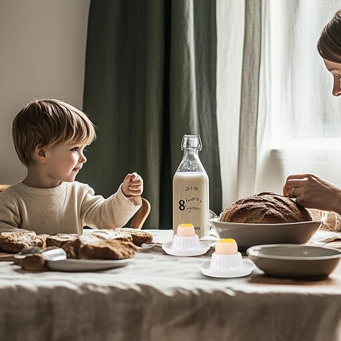 INGOFIN 2 Pcs Ceramic Egg Cups, Soft Boiled Egg Holders Set, Classic Porcelain Stackable, Easy to Clean Tray, Decorative Serving Dish for Breakfast, Easter or Kitchen, White