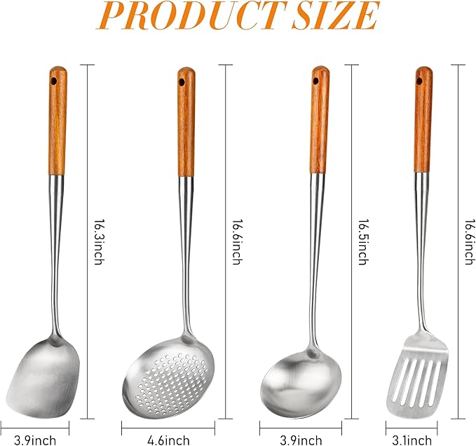 FJNATINH 17inch Wok Spatula and Ladle, Skimmer Spoon, Slotted Turner Spatula Set 304 Stainless Steel Kitchen Utensils Sets, 4-Pieces Cooking Utensils Tools Wok Accessories