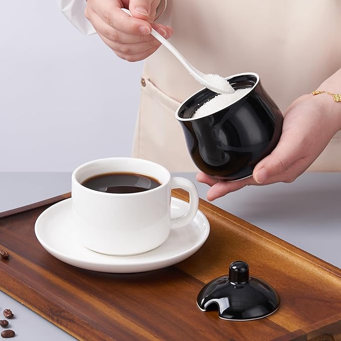Ceramic Sugar Bowl with Lid and Spoon, Black Porcelain Sugar Salt Pepper Storage Jar, 8 Ounces