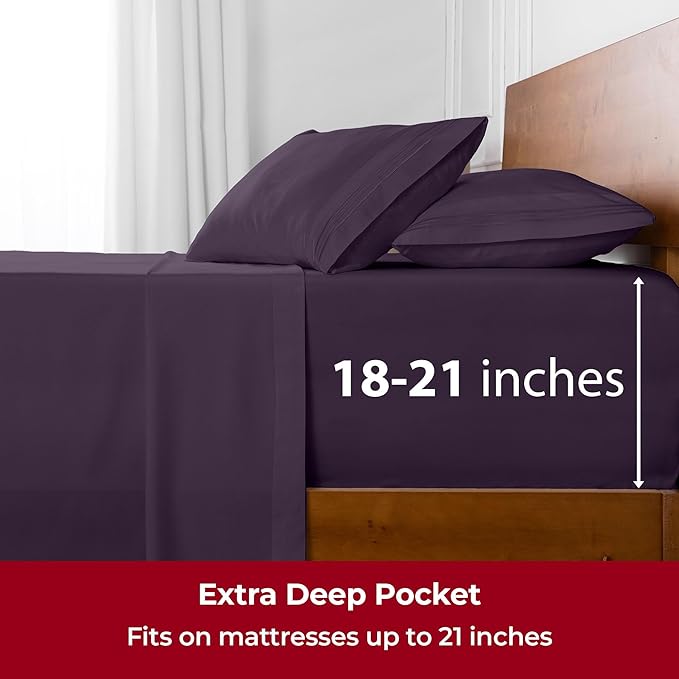 Mellanni Extra Deep California King Sheets - 4 PC Iconic Collection Bedding - Hotel Luxury, Ultra Soft, Cooling Bed Sheets - Wrinkle, Fade, Stain Resistant (Cal King, Purple)