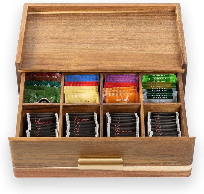 Acacia Wood Tea Bag Organizer, Tea Organizers and Storage Box, Tea Caddy for Tea Bags Storage Drawer, Teabag Holder Container Boxes for Countertop, Tea Station Chest Display Wooden, Organizador De Te