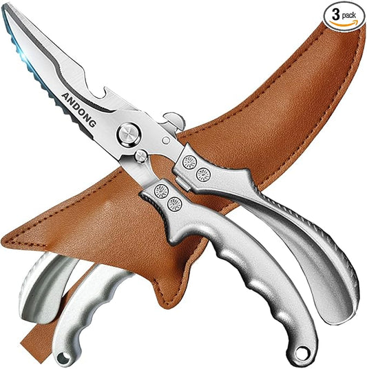 ANDONG Heavy Duty Professional Poultry Shears -Stainless Steel Kitchen & Meat Scissors with Leather Sheath, Dishwasher Safe Spring Loaded Utility Shears for Cooking, Butchering, Cutting