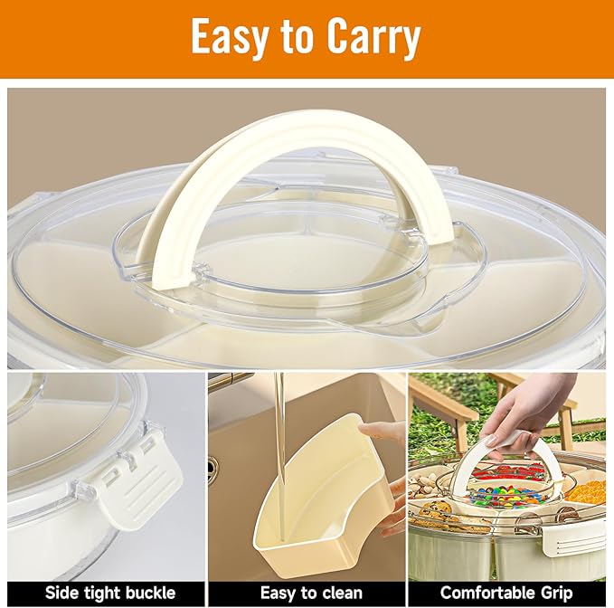 Small Divided Rotating Serving Tray with Lid and Handle,Portable Snackle Box Container,Spinner Organizer and Storage for Adults,Child,Fruits,Candy,Nuts,Veggie,Charcuterie,Snacks,Picnic,Travel, Party
