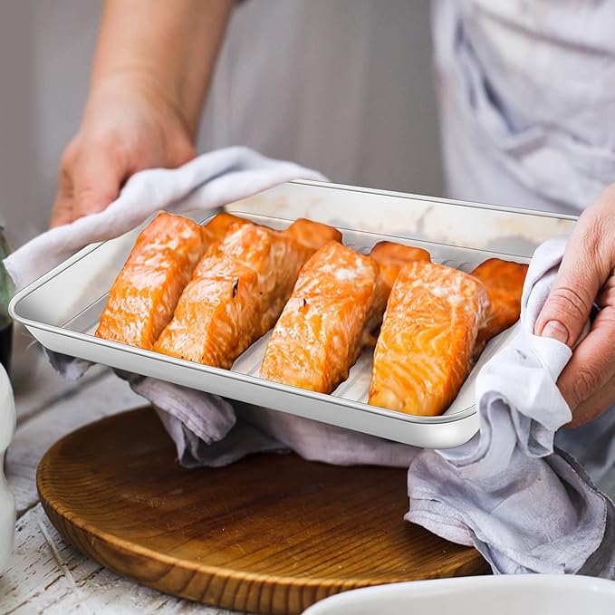 P&P CHEF Toaster Oven Pan with Wire Rack, Stainless Steel Baking Oven Sheet Tray, Bacon Pan and Cooling Rack for Cooking Roasting Cookie, Dishwasher Safe & Easy Clean, 9 x 7 x 1 Inch