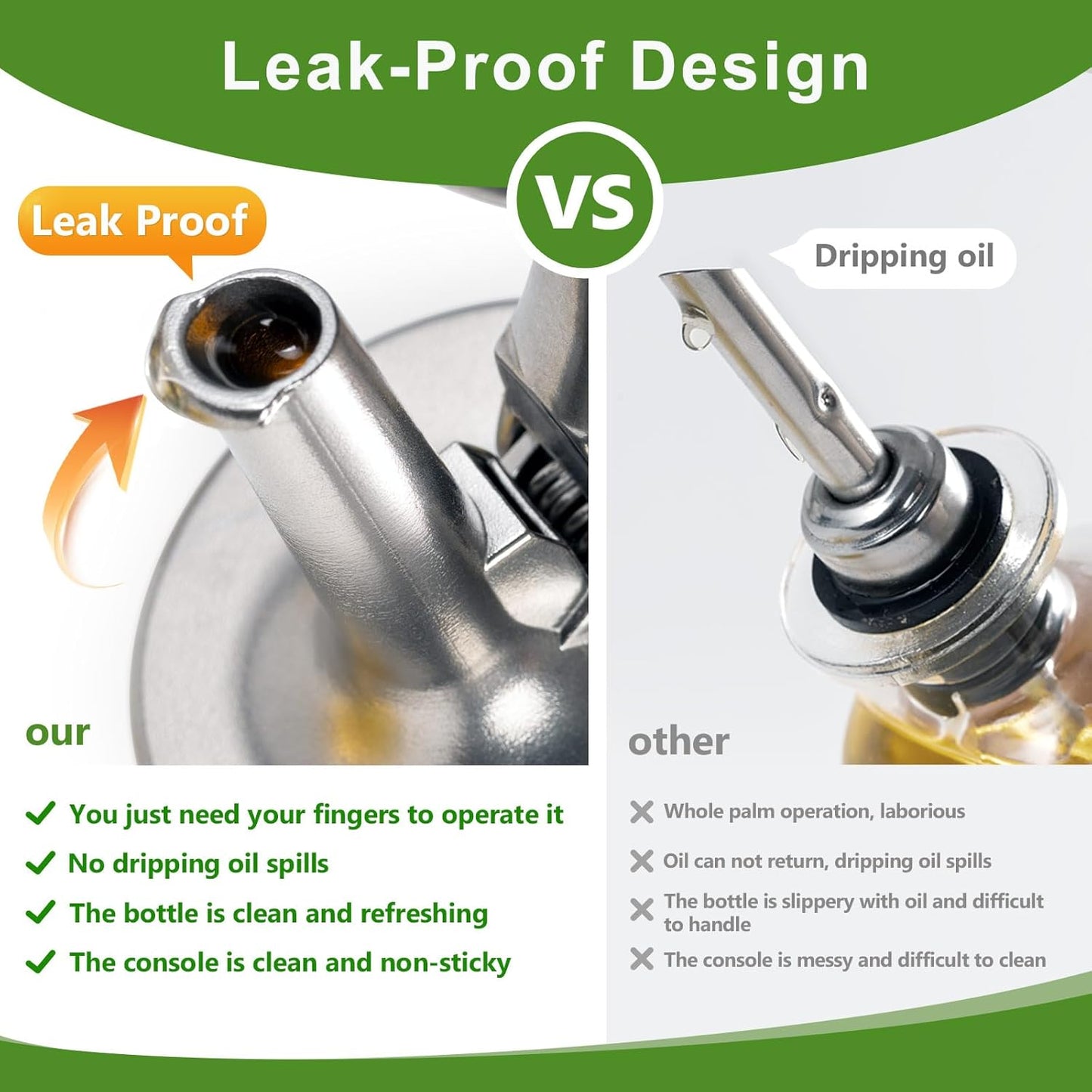 Olive Oil Dispenser Bottle,Glass Oil Dispenser with Stainless Steel Spouts,Oil Bottles for Kitchen, Dispenser Bottle with Drip Free Spouts (2pcs) 12 oz