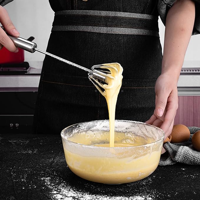 Semi-automatic Whisk, Stainless Steel Egg Beater, Hand Push Rotary Whisks Mixer Stirrer for Making Cream, Whisking, Beating and Stirring (Silver)