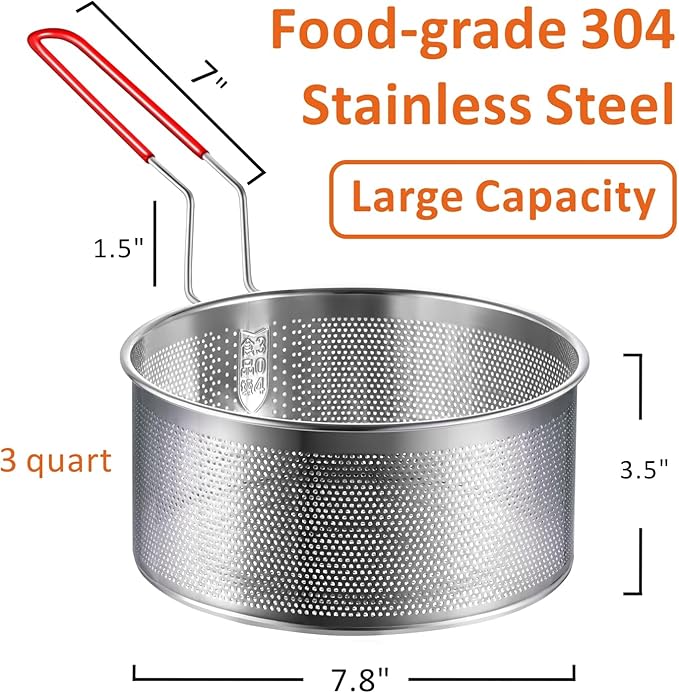 Deep Fryer Basket, 7.8''x4'' Fry Only, Round Stainless Steel Frying Baskets with Heat Resistant Silicone Handle, for Kitchen Cooking Strainer Colander, Serving Food, Ideal for Gift, 3-Quart