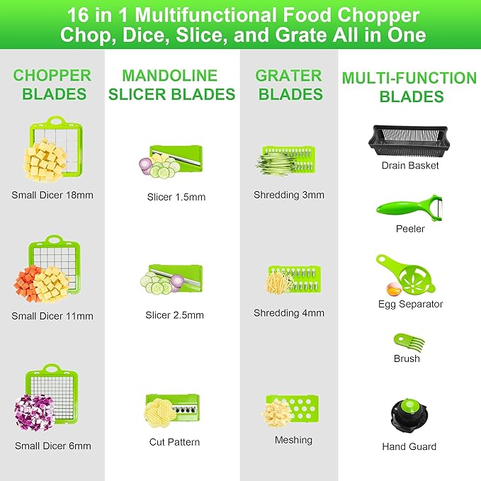 16 in 1 Mandoline Vegetable Food Chopper, Slicers and Vegetable Cutters, Multi Function Kitchen Veg Cutter for Onion Garlic Potato Salad, Veggie Chopper with Container and Draining Basket