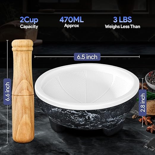 2 Cup Mortar and Pestle Set, World's 1st Lightweight Molcajete Mexicano with Grinding Ridge, High Grinding Efficiency for Guacamole, Spice and Herb, Easy to Clean, Anti-Scratch Protector