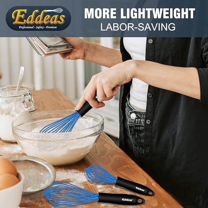 Silicone Whisk, Whisk Non Scratch Whisk for Cooking, 5+7+9+11in Balloon Whisk, Suitable for Mixing, Blending. 11in Flat Whisk great for Ceramic Coated pans and Wider shallower pots. (Blue)