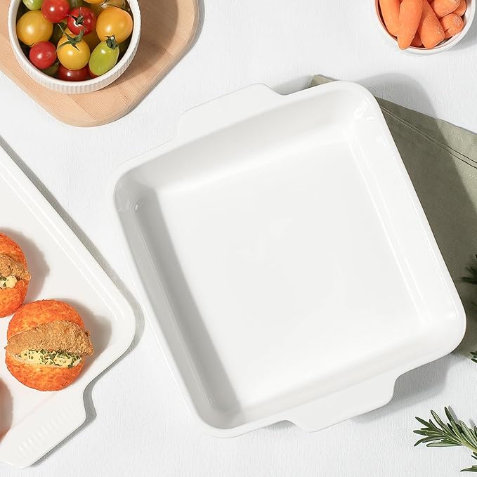 Dizada Casserole Dish for Oven with Lid, 10'' Square Baking Dish, Ceramic Baking Dish, Baking Pan with Handles, Lasagna Pan Bakeware Oven Safe Baking Dish for Oven, Cake, Kitchen, Microwave, Dishwasher Safe, White
