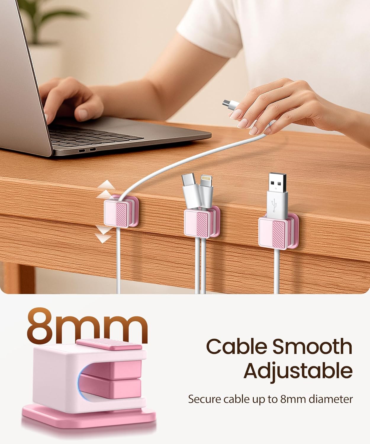 6 Pack Magnetic Cable Clips, Glow in The Dark Cable Holders, GolbinBox Cord Organizer with Shockproof Silicone, Fits up to 8mm Adhesive Cord Clips for Desk, Wall, Nightstand, Car, Home, Office, Pink