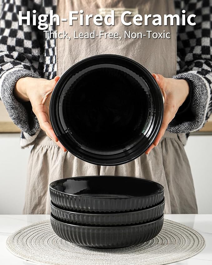 Hasense Pasta Bowls Set of 2, 30 oz Large Pasta Serving Bowls, 8 Inch Salad Bowls for Kitchen, Wide and Shallow Pasta Plates, Ideal Home Decor for Mother's Day Present, Microwave & Dishwasher, Black