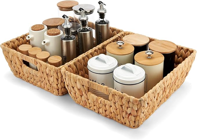 Water Hyacinth Wicker Baskets 2 Pack, Large Storage Basket With Handles for Organizing, Handmade Natural