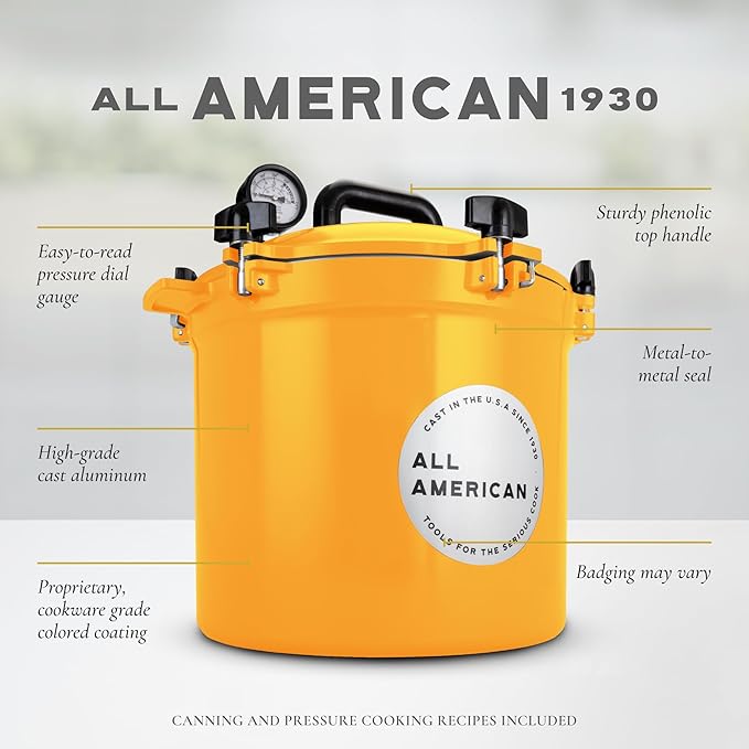 All American 1930-21.5qt Pressure Cooker/Canner (The 921), Mustard - Exclusive Metal-to-Metal Sealing System - Suitable for Gas, Electric, or Flat Top Stoves - Made in the USA