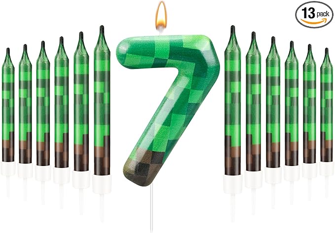 13 Pcs Dynamite Themed Birthday Cake Candles & Number 7 Candle Topper for Pixel Theme Birthday Party