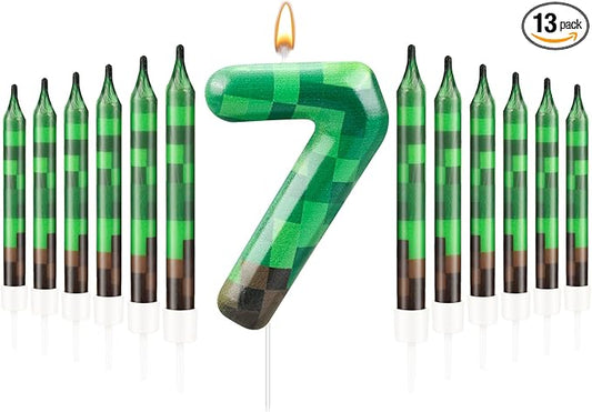 13 Pcs Dynamite Themed Birthday Cake Candles & Number 7 Candle Topper for Pixel Theme Birthday Party