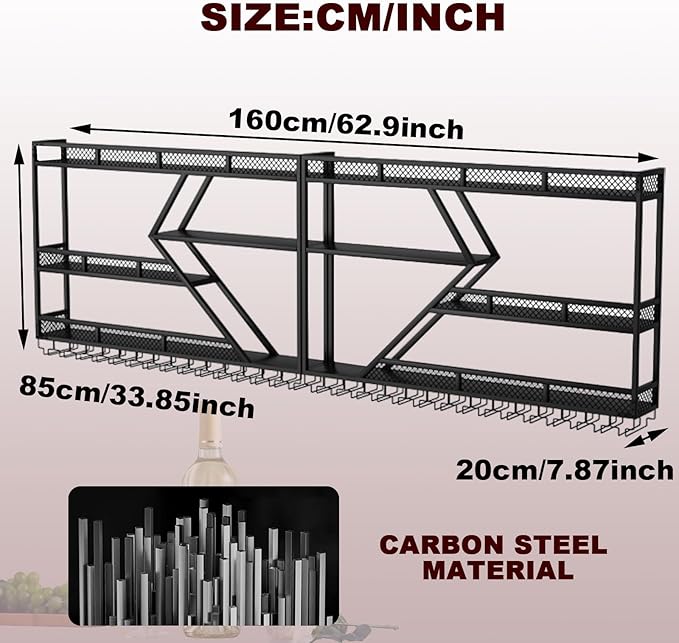 63in Metal Wine Rack Wall Mounted, Modern Wine Storage Rack Wall Mounted with Wine Glass Holder, Liquor Shelf, Bar Shelves for Liquor Bottles (3TIERS Black, 63 * 7.87 * 33.85INCH)