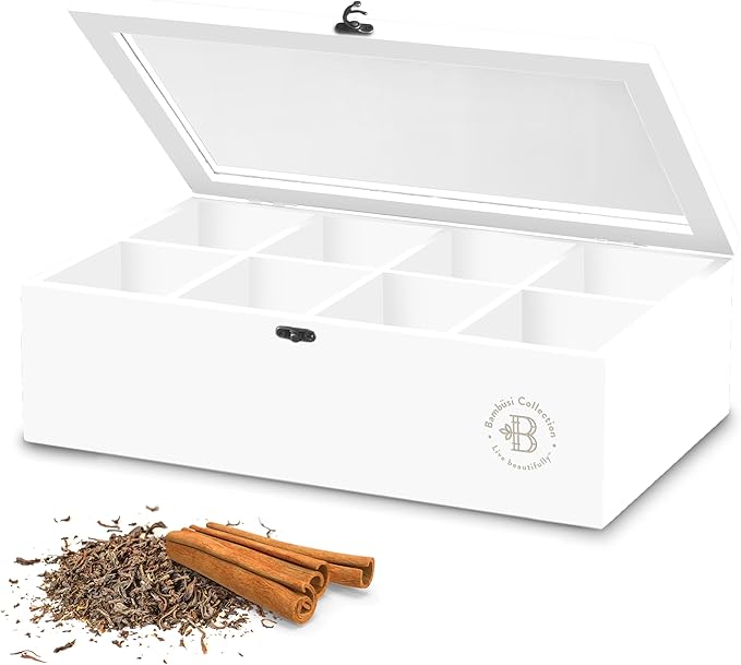 Bambüsi Tea Bag Organizer - Bamboo Tea Box Organizer Storage Box, Tea Bag Holder with Acrylic Window, Magnetic Lid Keeps Tea Bags Fresh - Tea Organizer Caddy (Tea Not Included) Christmas Gift - White