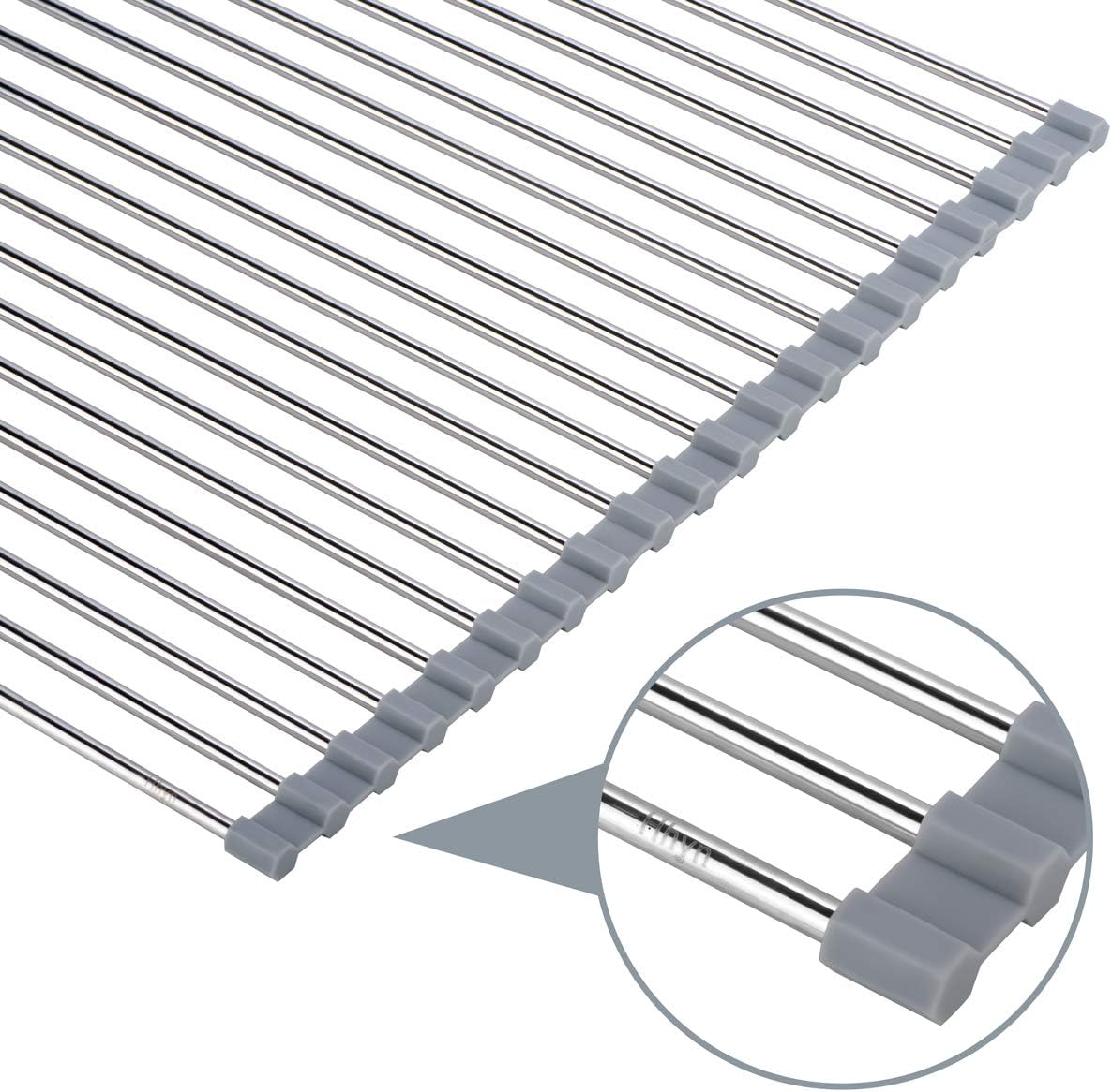 Roll Up Dish Drying Rack Over The Sink 17.7"(L) x 15.6"(W), Multipurpose Foldable Stainless Steel Kitchen Rollable Drainer Rack, Gray