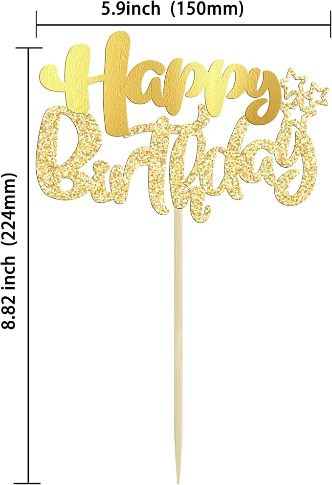 Ephlyn 24Pcs Gold Metallic Happy Birthday Cupcake Toppers for Birthday, Baby Shower & Anniversary Parties