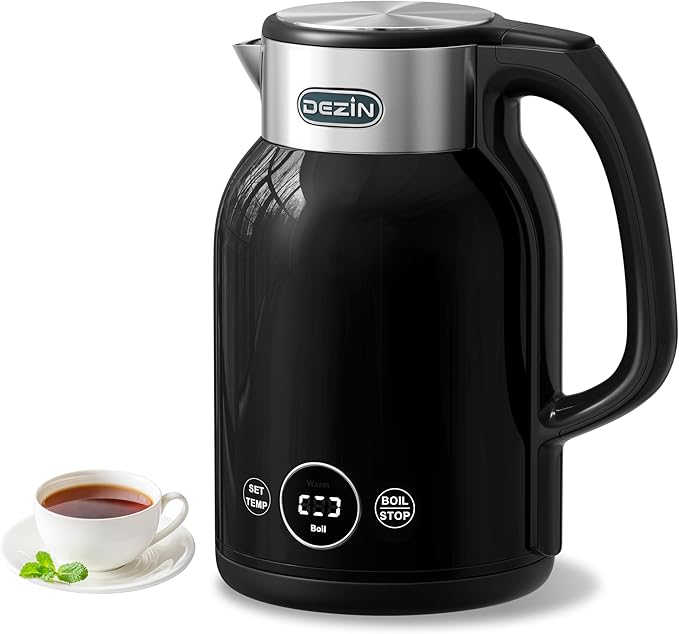DEZIN Electric Kettle Temperature Control, 1.7L Stainless Steel Electric Tea Kettle with LED Display, 1200W Rapid Boil, 12H Keep Warm, 9 Presets Modes Hot Water Boiler Heater for Tea, Coffee, Black
