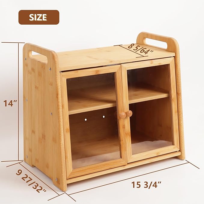 AMBIRD Bamboo Bread Box 20L Large Capacity with Clear Acrylic Doors - Double Layer Food-Safe Bread Storage with Air Vents and Side Handles - Keep Bread Fresh and Counter Clutter-Free