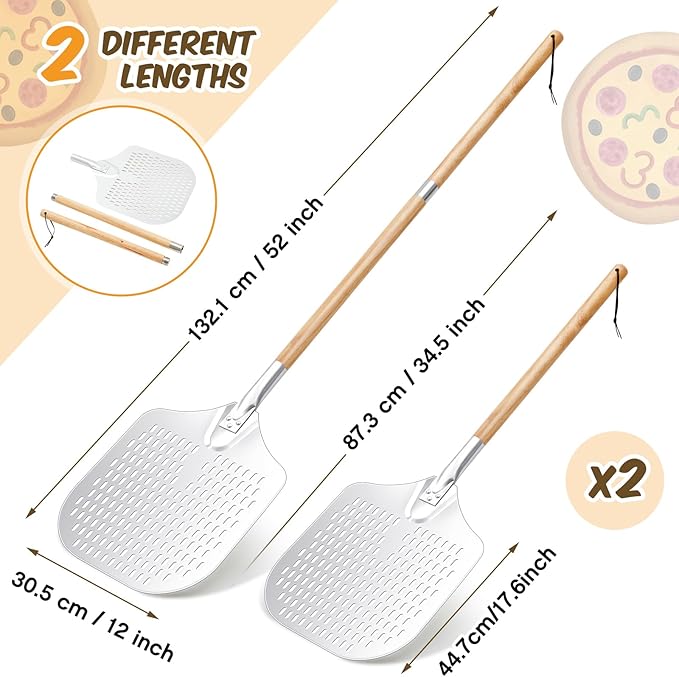 Maxdot 2 Pcs Perforated Pizza Peel 12 x 14 Inch Aluminum Pizza Spatula with Detachable Wood 52-inch Long Extendable Handle for Baking Homemade Pie Bread