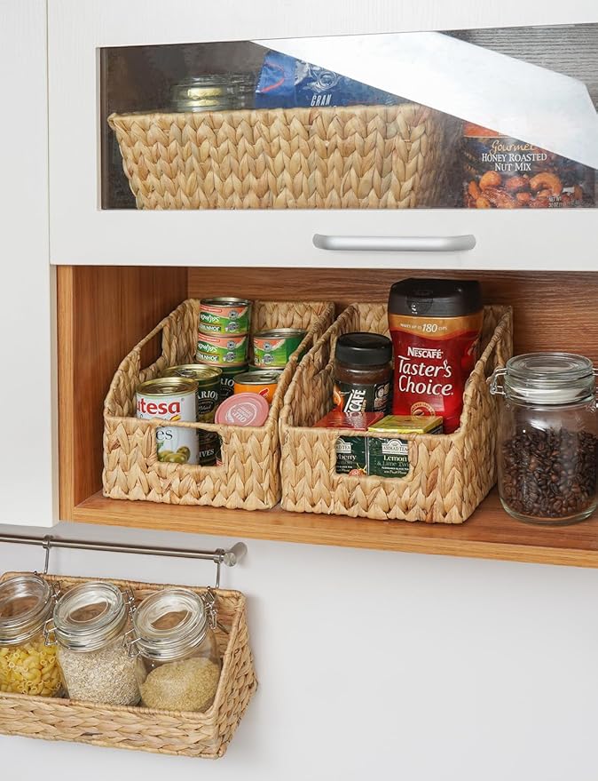 StorageWorks Pantry Baskets for Organizing, Wicker Basket with Built-in Handles, Handwoven Wicker Storage Baskets, Water Hyacinth for Shelves, 2 Pack
