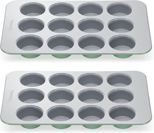 Caraway Non-Stick Ceramic 12-Cup Muffin Pan Duo - Naturally Slick Ceramic Coating - Non-Toxic, PTFE & PFOA Free - Perfect for Cupcakes, Muffins, and More - Sage
