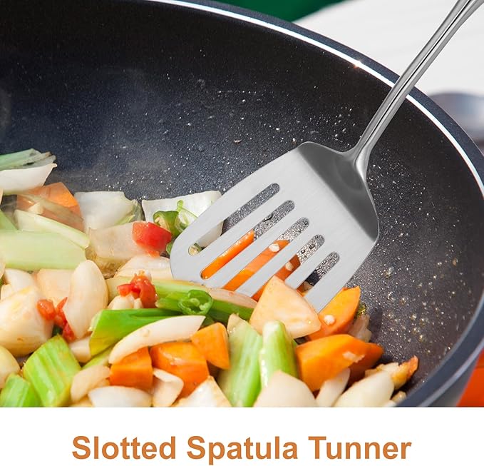 304 Stainlss Steel Kitchen Utensils Set, 2 Pcs Long Metal Utensils Set with spatula, slotted spatula turner (Dishwasher Safe)