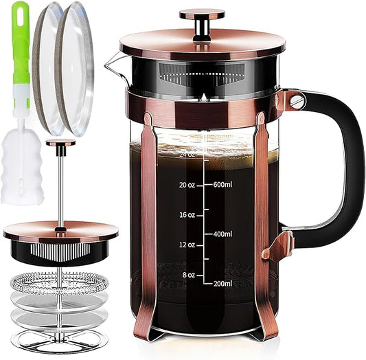 French Press Coffee Maker 304 Stainless Steel Coffee Press,with 4 Filters System, Heat Resistant Thickness Borosilicate French Press Glass, BPA-Free Brewed Tea Pot Coffee Plunger(Copper 12oz)