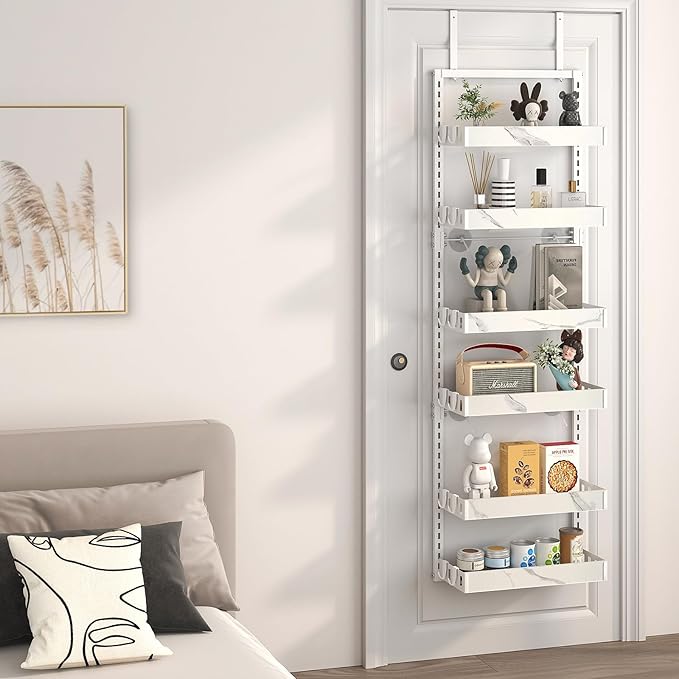 bukfen Over the Door Pantry Organizer, 6-Tier Adjustable Basket Kitchen Pantry Door Organization and Storage, Heavy-Duty Metal Hanging Kitchen Spice Rack,D6.3 x W17.32 x H50.60 inch,White Marble Color