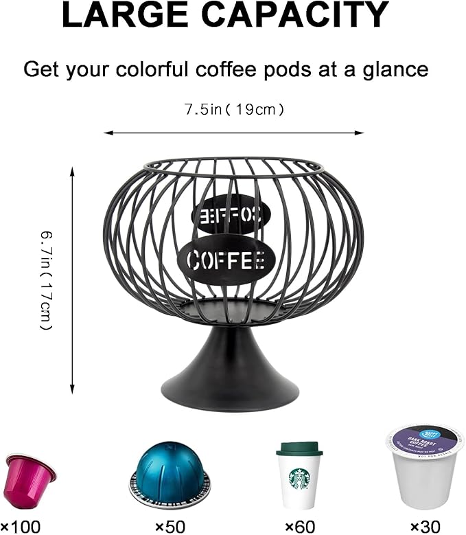Large Capacity Coffee Pod Holder for Countertop K Cup Organizer Metal Storage Basket for Keuring Pods K Cup Storage for Capsule Creamer Coffee Bar Decor Black