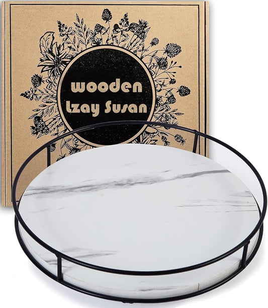 9 Inch White Wood Lazy Susan - Rustic Brown Turntable Organizer with Steel Frame, 360 Degree Decorative Turntable for Countertop or Centerpieces