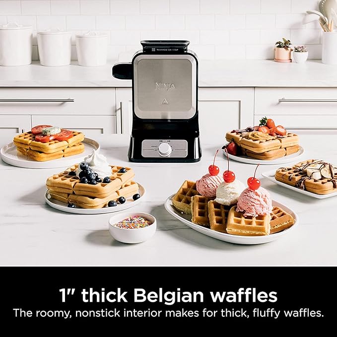 Ninja BW1001 NeverStick PRO Belgian Waffle Maker, Vertical Design, 5 Shade Settings, Precision-Pour Cup NOT Included* (Renewed) (Red)