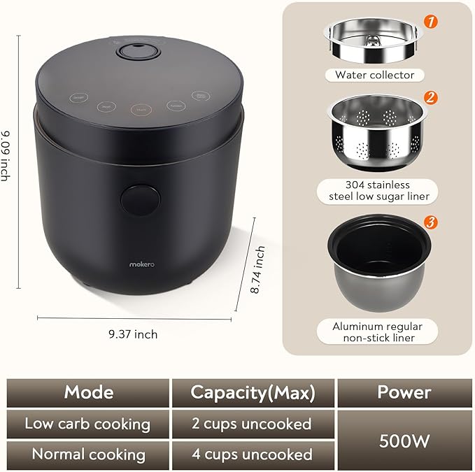 Low Carb Sugar Rice Cooker 2 Cups Uncooked and 4 Cups of Regular Cooking Small Carb Reducing Maker Rice and Grain Multi-Cooker with Stainless Steel and Nonstick Inner Pot
