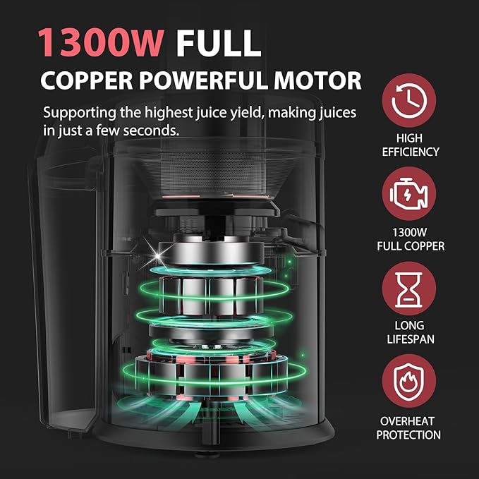 1300W KOIOS Centrifugal Juicer Machines, Juice Extractor with Extra Large 3inch Feed Chute, Full Copper Motor, Titanium-Plated Filter, High Juice Yield, 3 Speeds Mode, Brush included, Non-BPA, Red