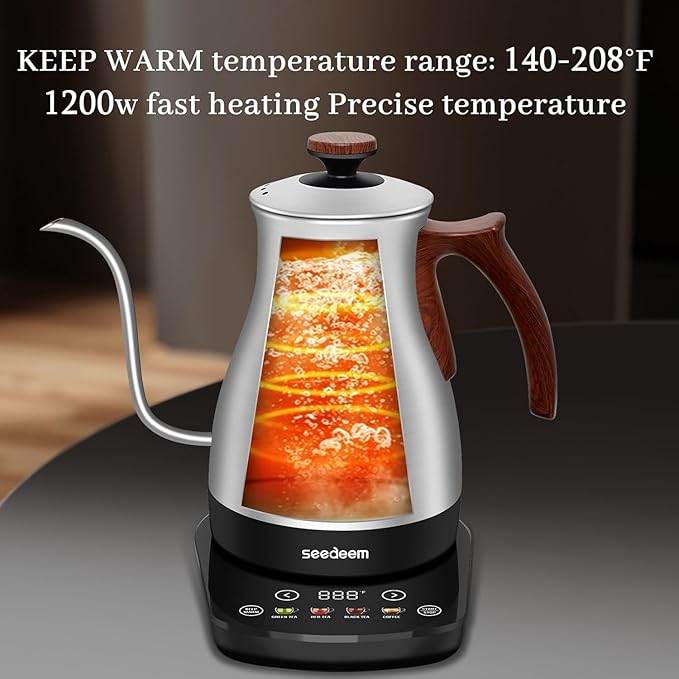SEEDEEM Gooseneck Electric Kettle, 1L 1200W Touch Screen Pour-Over Kettle with 4 Heating Modes, ±1℉ Temp Control, Keep Warm Function, for Tea & Coffee, Silver
